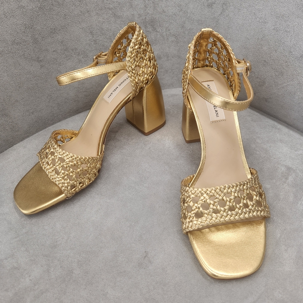 Antonio Melani Heeled Sandals 10 Golden Woven Leather Gretel Metallic New $140 - Picture 7 of 15